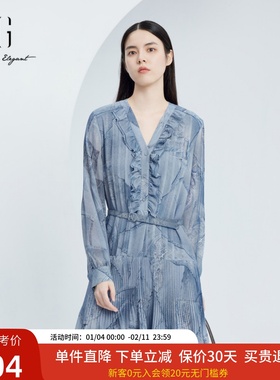 xg雪歌法式V领花边设计感连衣裙女2024秋款中长裙子XJ304019B397