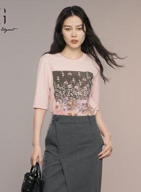 XG雪歌粉色花卉印花T恤女25秋新款圆领正肩短袖上衣XK301012A316