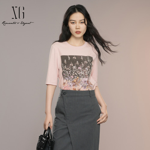 XG雪歌粉色花卉印花T恤女25秋新款圆领正肩短袖上衣XK301012A316