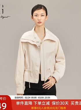 XG雪歌简约翻领休闲风衣女2025春新款抽绳收腰短外套XK108005A391