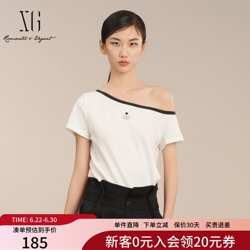 XG雪歌性感斜肩领口短袖T恤女2025夏款撞色休闲上衣XK201019A451