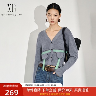 针织衫 撞色V领长袖 女开襟上衣外套XJ411100A584 新款 xg雪歌24冬装