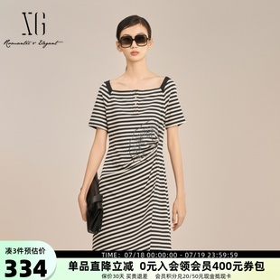 宽松短袖 XG雪歌黑白条纹方领连衣裙女25夏新款 中长裙XK204047B499