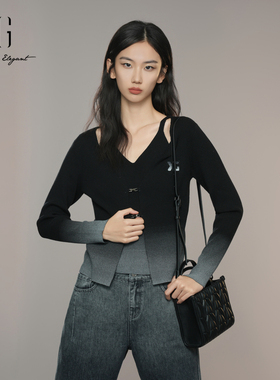 XG雪歌2025秋miu系通勤修身百搭渐变假两件针织衫女XK311041B490