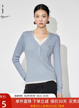 xg雪歌假两件毛针织衫女2024冬新款长袖v领套头毛衣XJ411070A720