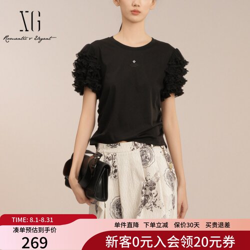 XG雪歌2025夏新款莫代尔棉蕾丝泡泡袖黑色T恤女短袖XK201012A190