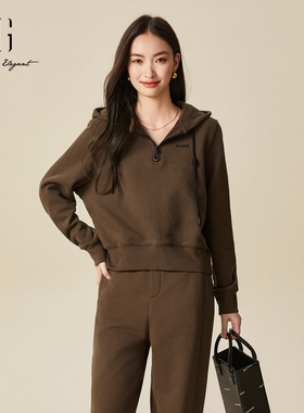 xg雪歌100%棉半拉领廓形连帽卫衣女冬季2024新款外套XJ401068A472