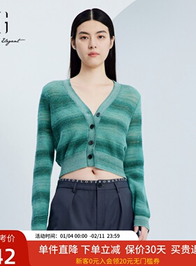 xg雪歌气质显白渐变色V领长袖针织衫女24秋新款开衫XJ311034B445