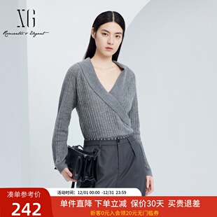 V领长袖 女24秋款 毛衣XJ311023A481 交叉叠领套头针织衫 xg雪歌法式