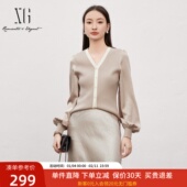 XG雪歌2025春款 撞色镶边显瘦V领缎感拼接针织开衫 女XL111810A830