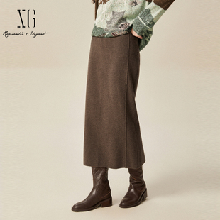 xg雪歌气质咖色羊毛半身裙女2024冬新款 直筒中长裙子XJ411086A572