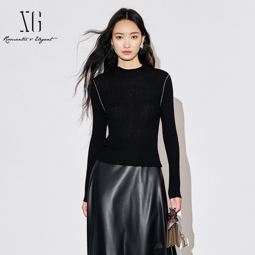 XG雪歌25秋款修身显瘦吸睛撞色高智感极简针织上衣女XL311580A890