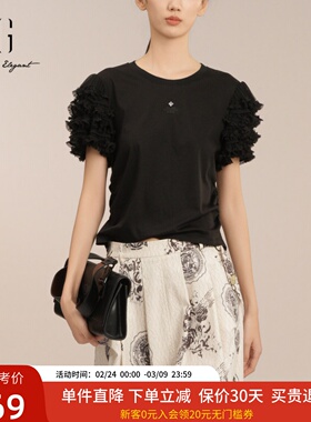 XG雪歌2025夏新款莫代尔棉蕾丝泡泡袖黑色T恤女短袖XK201012A190
