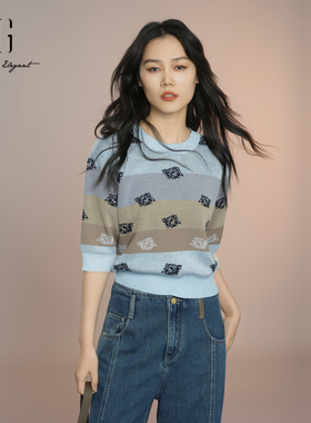 XG雪歌25秋撞色拼接miu系通勤圆领百搭短袖针织衫女XK311021B120