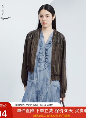 xg雪歌摩登帅气皮衣拼接外套女2024秋新款港风短上衣XJ307006A372