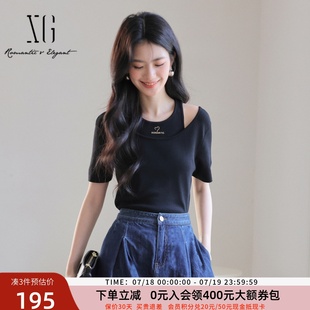 xg雪歌24夏拼接假两件显瘦薄款 上衣XK211575A890 露肩针织衫 女短袖