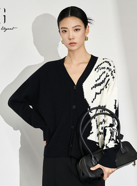 xg雪歌100%绵羊毛时髦黑白拼色V领针织衫开襟外套XJ411076B698