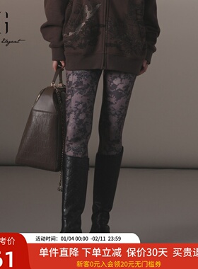 xg雪歌2024冬新款国风印花高腰显瘦紧身打底小脚裤女XJ402072B396
