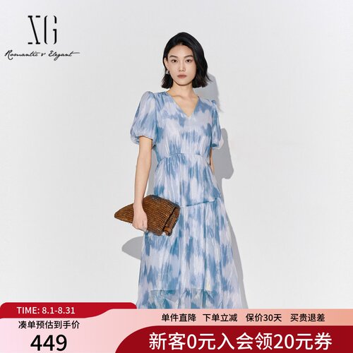 XG雪歌浪漫V领扎染连衣裙女2025夏新款泡泡袖中长裙XK204052B797