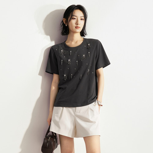 XG雪歌重工手工钉珠流苏钻饰灰色纯棉圆领T恤女短袖XM201583A883