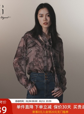 xg雪歌100%桑蚕丝国风印花V领衬衫女2024冬飘带衬衣XJ421025B396