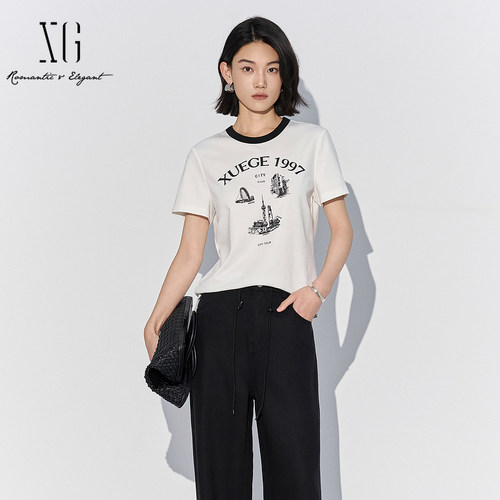 XG雪歌2025夏款趣味印花松弛直筒随性百搭T恤女短袖XL201843A851