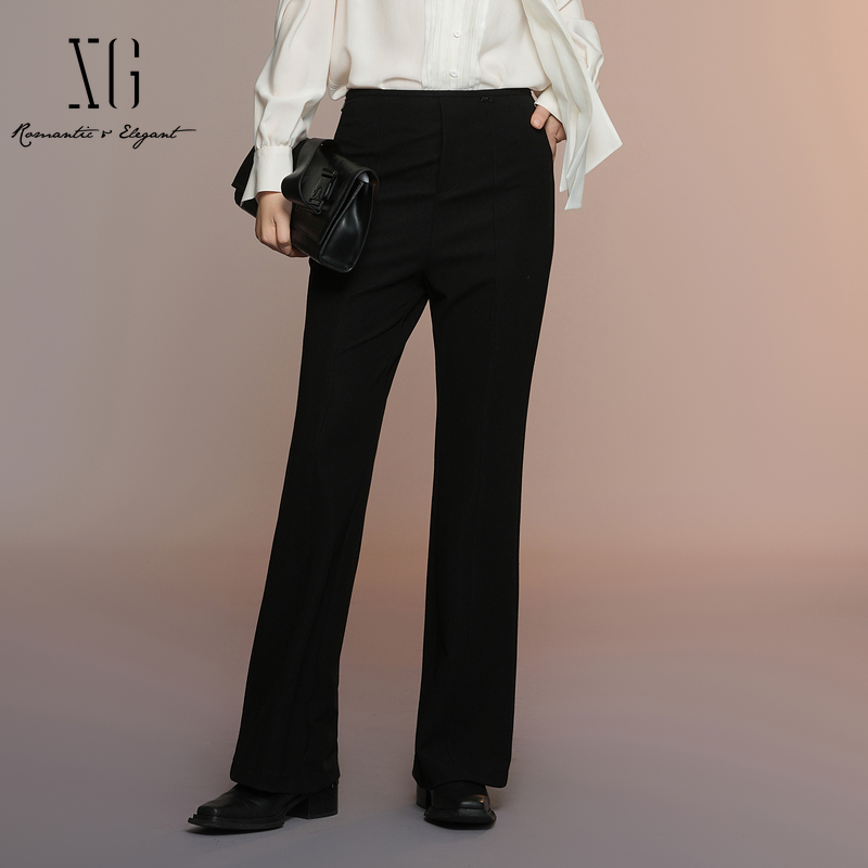 XG雪歌2025秋款极简百搭通勤显高显瘦微喇裤女小黑裤XK302014A590