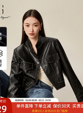 XG雪歌2025春款显瘦酷飒立领机车风短款PU皮衣女外套XL107500A890