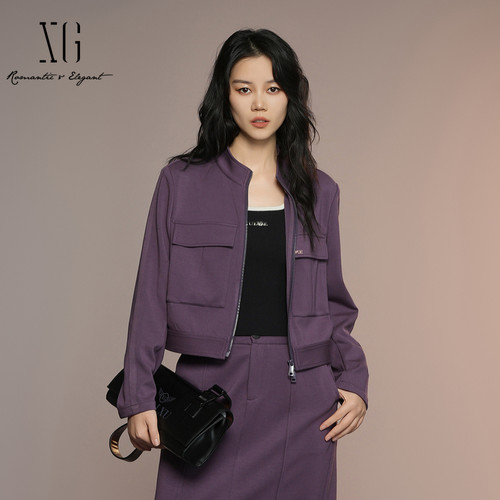 XG雪歌25秋极简百搭miu系通勤酷飒直筒截短式外套女XK307014A403