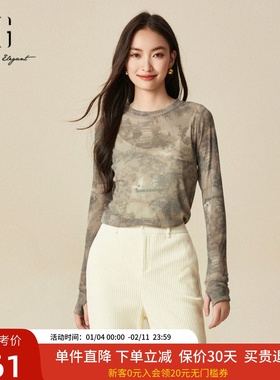 xg雪歌网纱印花T恤圆领正肩长袖上衣内搭小个子女XJ401046B396