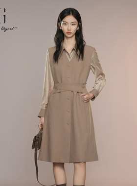 XG雪歌25秋从容雅丹风显瘦A版通勤西装连衣裙两件套XK304016A409