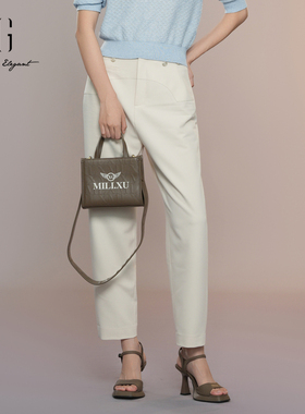 XG雪歌2025秋新款白色高腰显瘦休闲裤女通勤直筒长裤XK302022A191