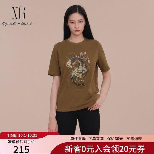 XG雪歌100%棉圆领印花T恤女短袖2025春新款休闲上衣XK101014A273