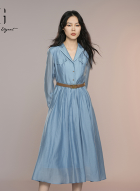 XG雪歌法式衬衫连衣裙女长袖2025秋新款莱赛尔中长裙XK304006A127