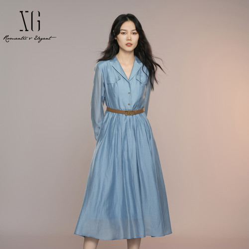 XG雪歌法式衬衫连衣裙女长袖2025秋新款莱赛尔中长裙XK304006A127