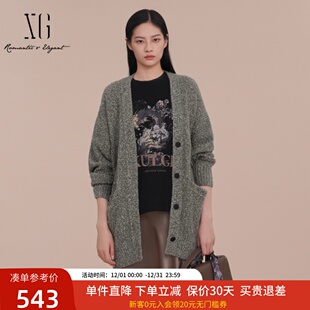 XG雪歌宽松通勤慵懒风V领针织开衫 上衣XK111022A281 女2025春新款