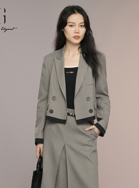 XG雪歌25秋复古千鸟格miu系通勤利落短款西装外套女XK307002B595