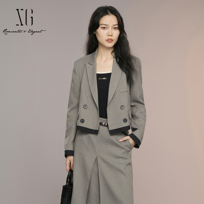 XG雪歌25秋复古千鸟格miu系通勤利落短款西装外套女XK307002B595