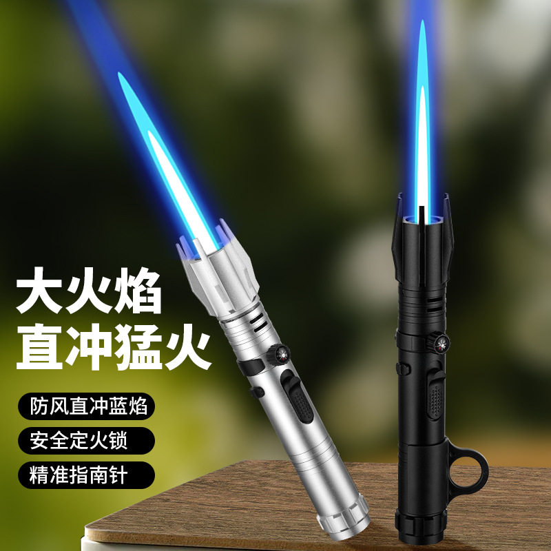 网红大火焰防风耐用充气打火机铝合金机身户外烧烤直冲火机送男友