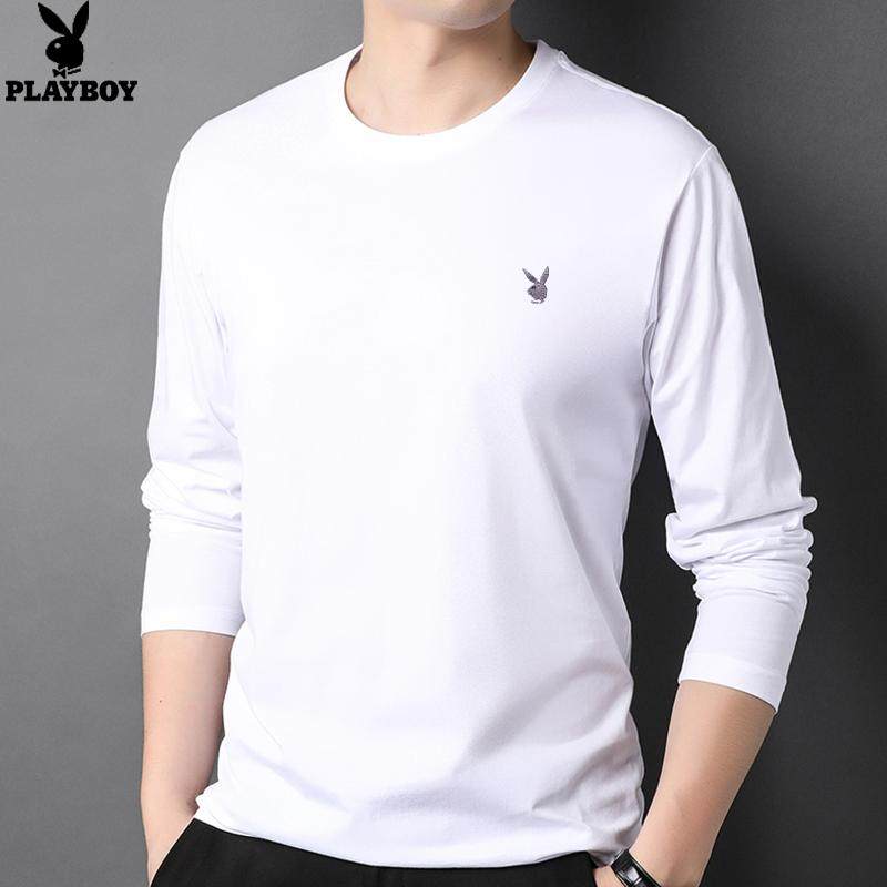 花花公子长袖t恤男女同款秋冬季圆领纯棉白色内衣T女士打底衫上装
