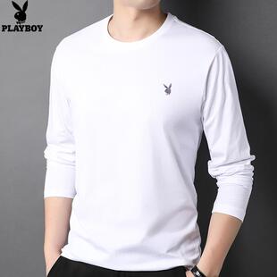 花花公子长袖t恤男女同款秋冬季圆领纯棉白色内衣T女士打底衫上装