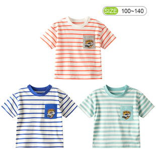 日单外贸童装男童T恤短袖纯棉儿童条纹半袖上衣小男孩汽车夏装