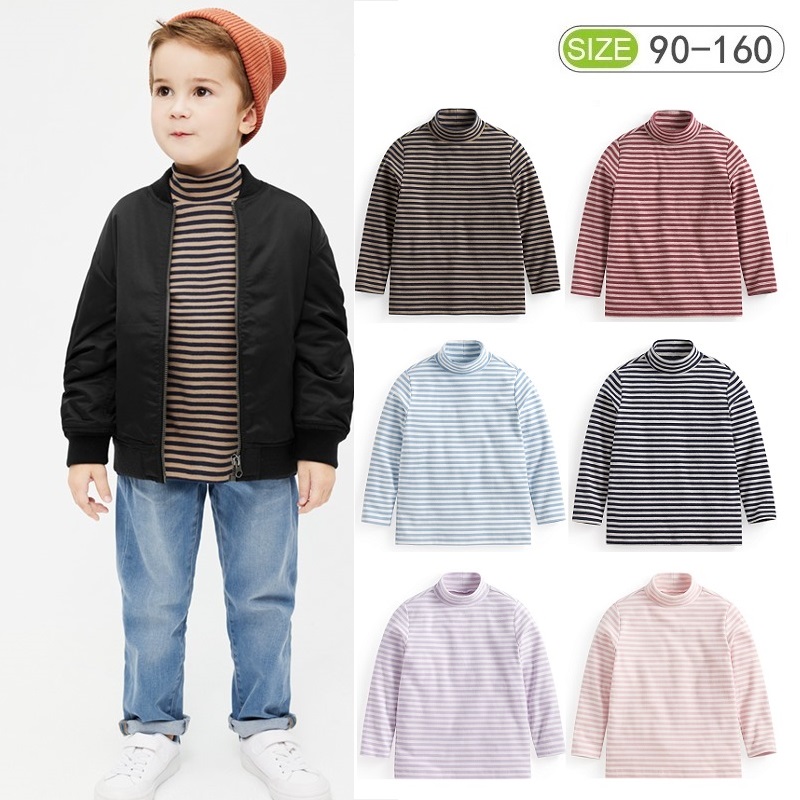 男女儿童半高领长袖条纹打底衫