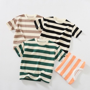 衫 纯棉夏季 T恤中大童休闲宽松半袖 男女儿童条纹短袖 百搭上衣t 童装