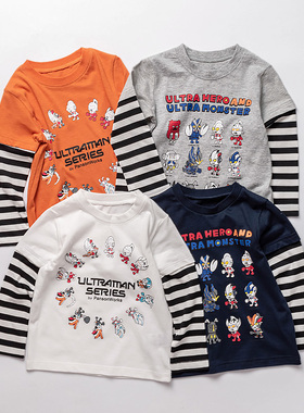 男童长袖T恤纯棉儿童秋款灰色上衣男孩奥特曼印花衣服假两件体恤5