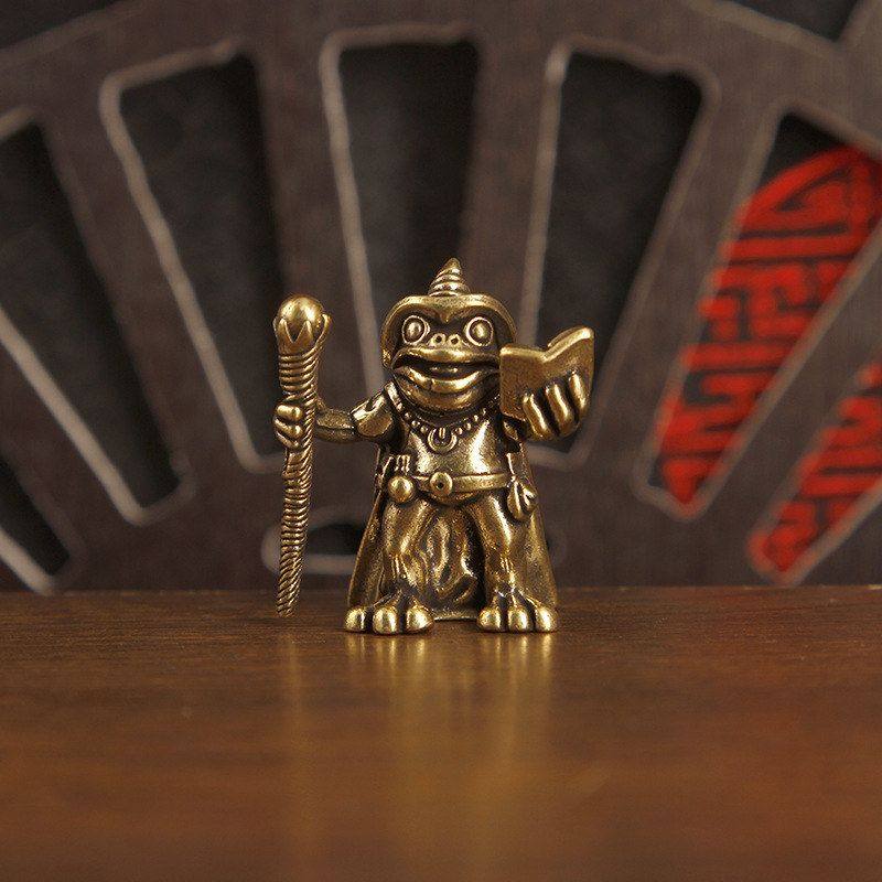 黄铜实心青蛙法师手拿魔法书法杖桌面摆件摆设趣味魔法师金属摆件
