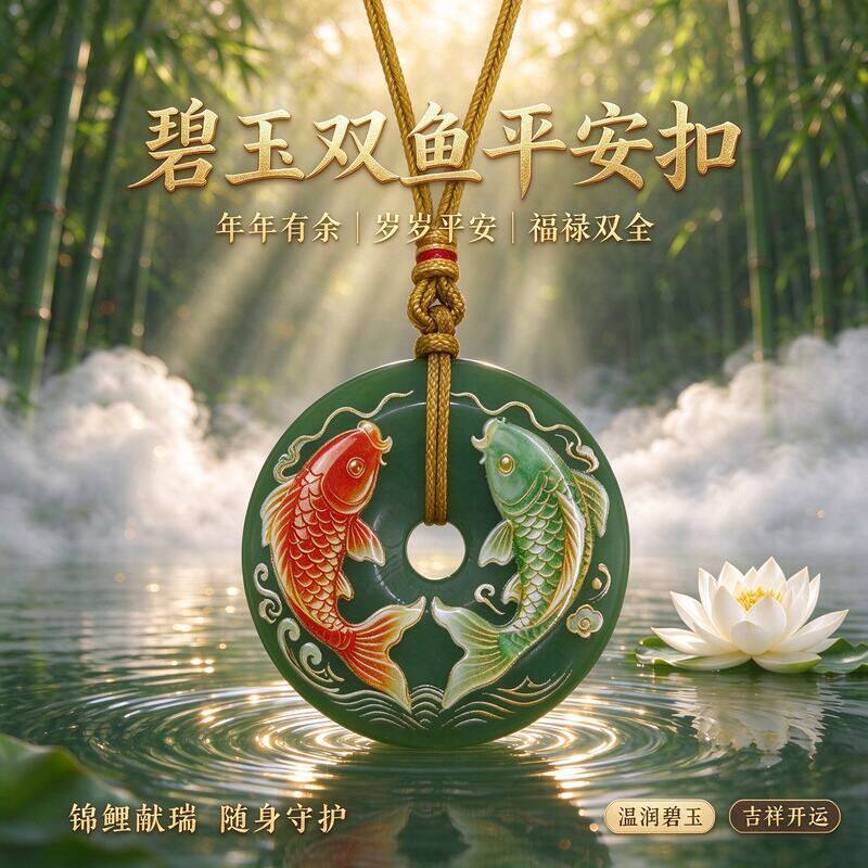 碧玉玻璃双鱼平安扣钥匙扣挂件彩绘锦鲤年年有余仿玉佩毛衣链吊坠