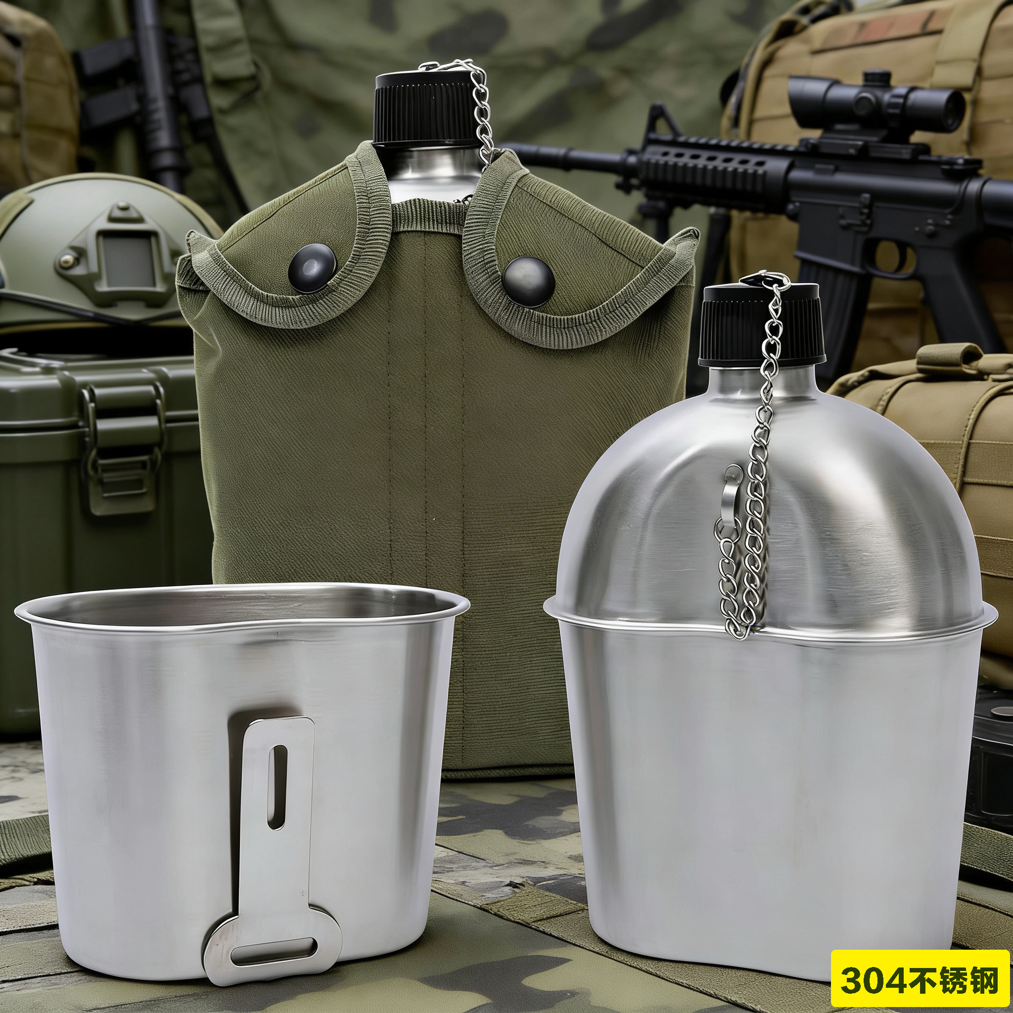 美式单兵304不锈钢水壶+饭盒