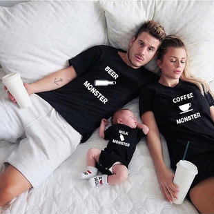 亲子装一家4口婴儿连体服百天宴装卡通母子母女装洋气夏季纯棉T恤