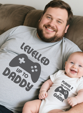 夏季亲子装婴儿爬服Dad And Baby Gamer T Shirt休闲圆领短袖t恤